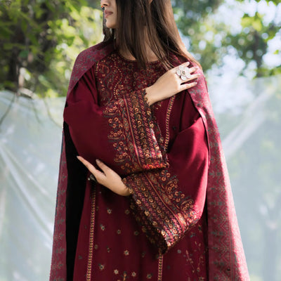 Redish Maroon Embroidered Dhanak | with Pashmina Shawl Winter| Collection by Casuallite