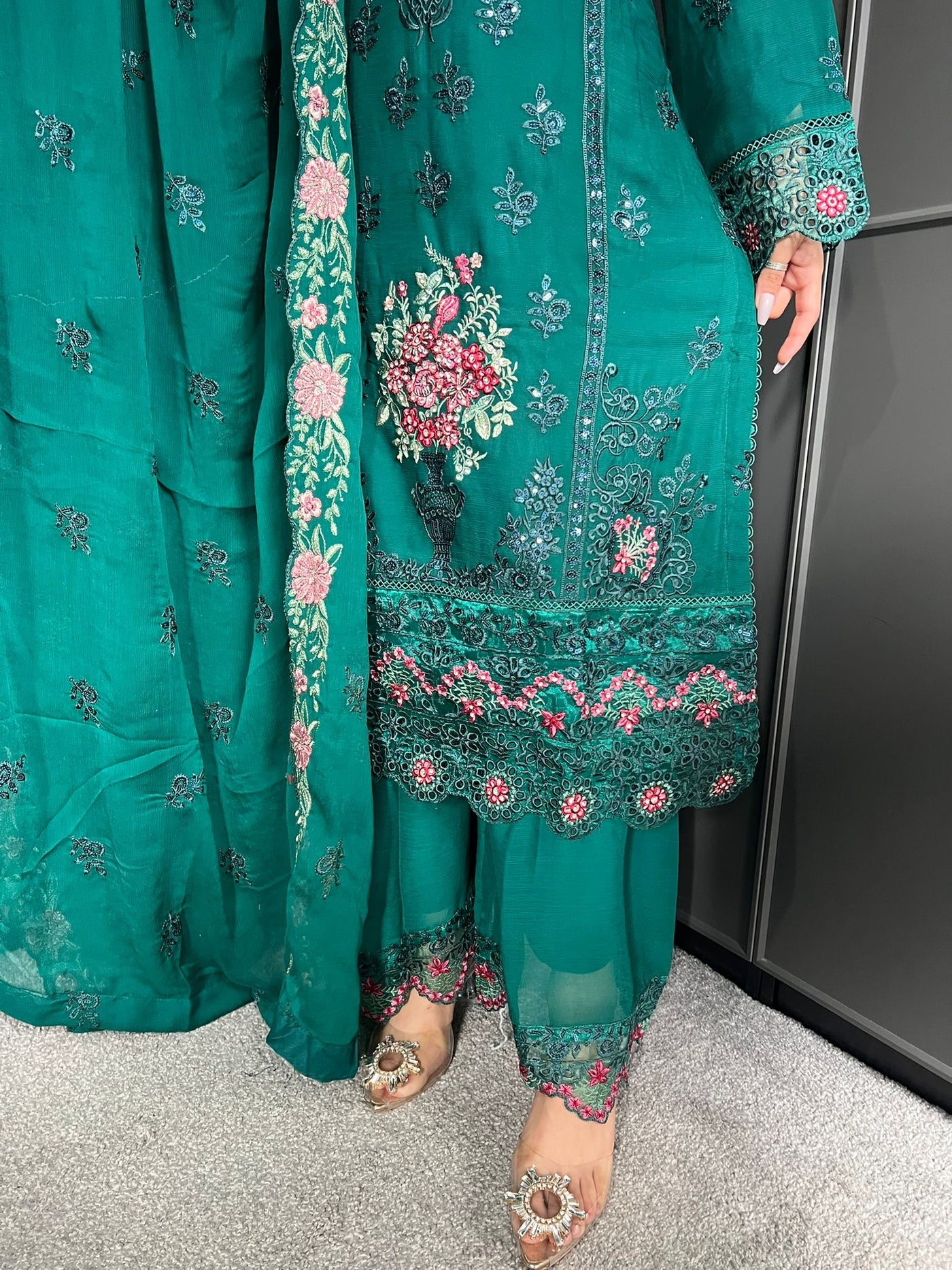 3Pc Plazzo Embroidered Chiffon Collection With Embroidered Chiffon Dupatta