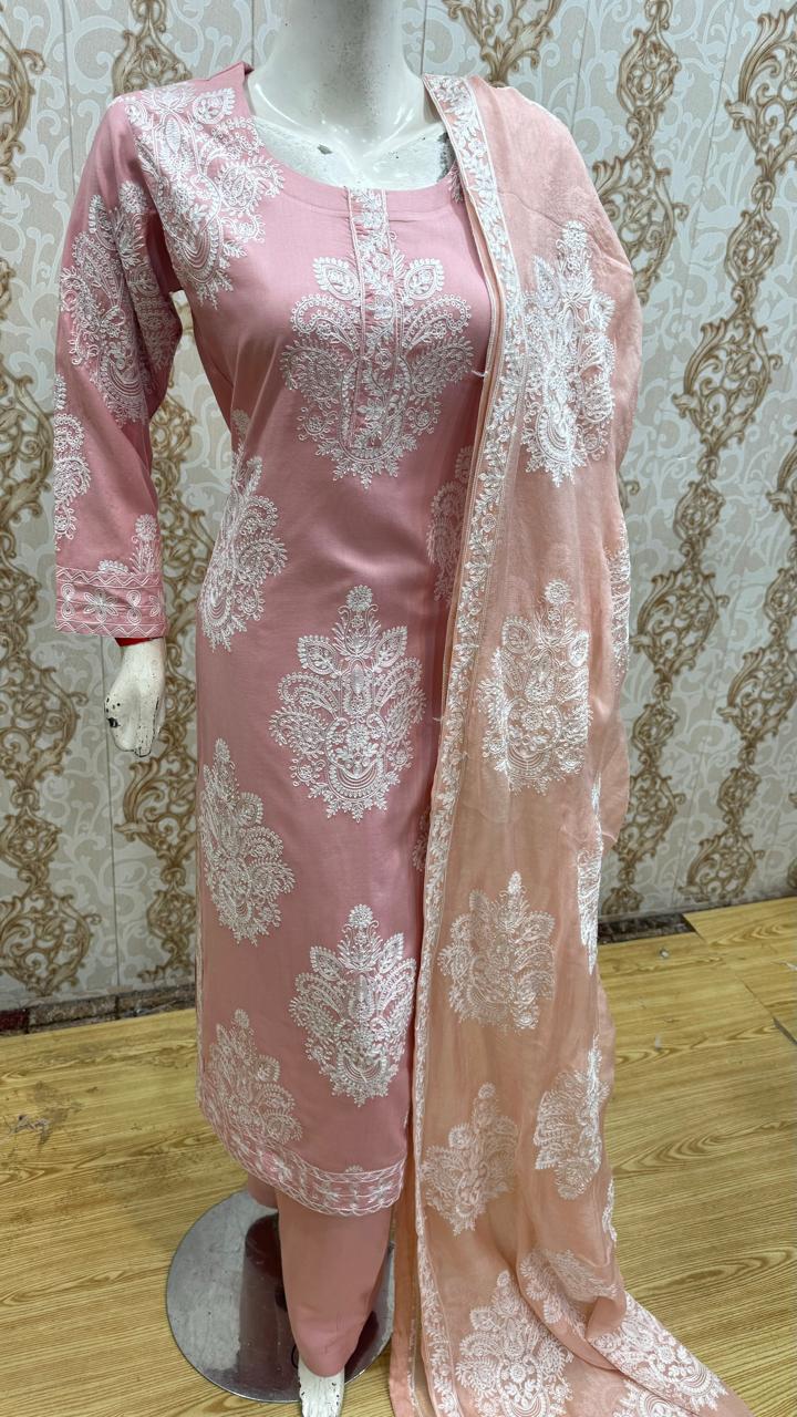 Baby Pink 3 Piece Embroidered Linen Plazzo Outfit  D-1105