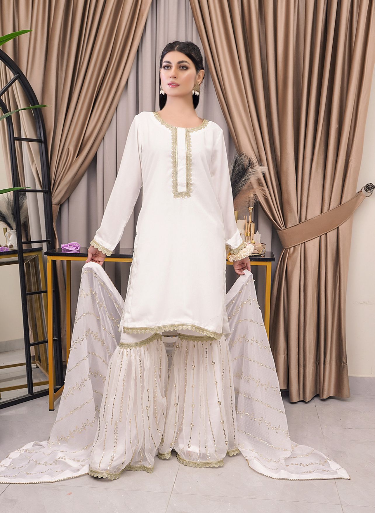 Mahham Luxury Chiffon Gharara Collection White  D-24