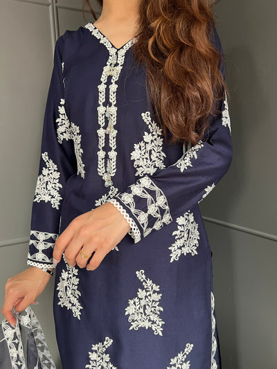 Blue- FARSHI SHALWAR|Embroidered Linen 3 Piece |Outfit for Women - Asian Clothing