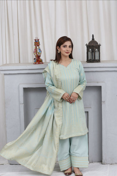 Mint FARSHI SHALWAR brosha Self Printed 3 Piece Outfit | Shop Latest Pakistani Salwar Suits | Pakistani Dresses at affordable prices in United Kingdom | Image 1 of 12