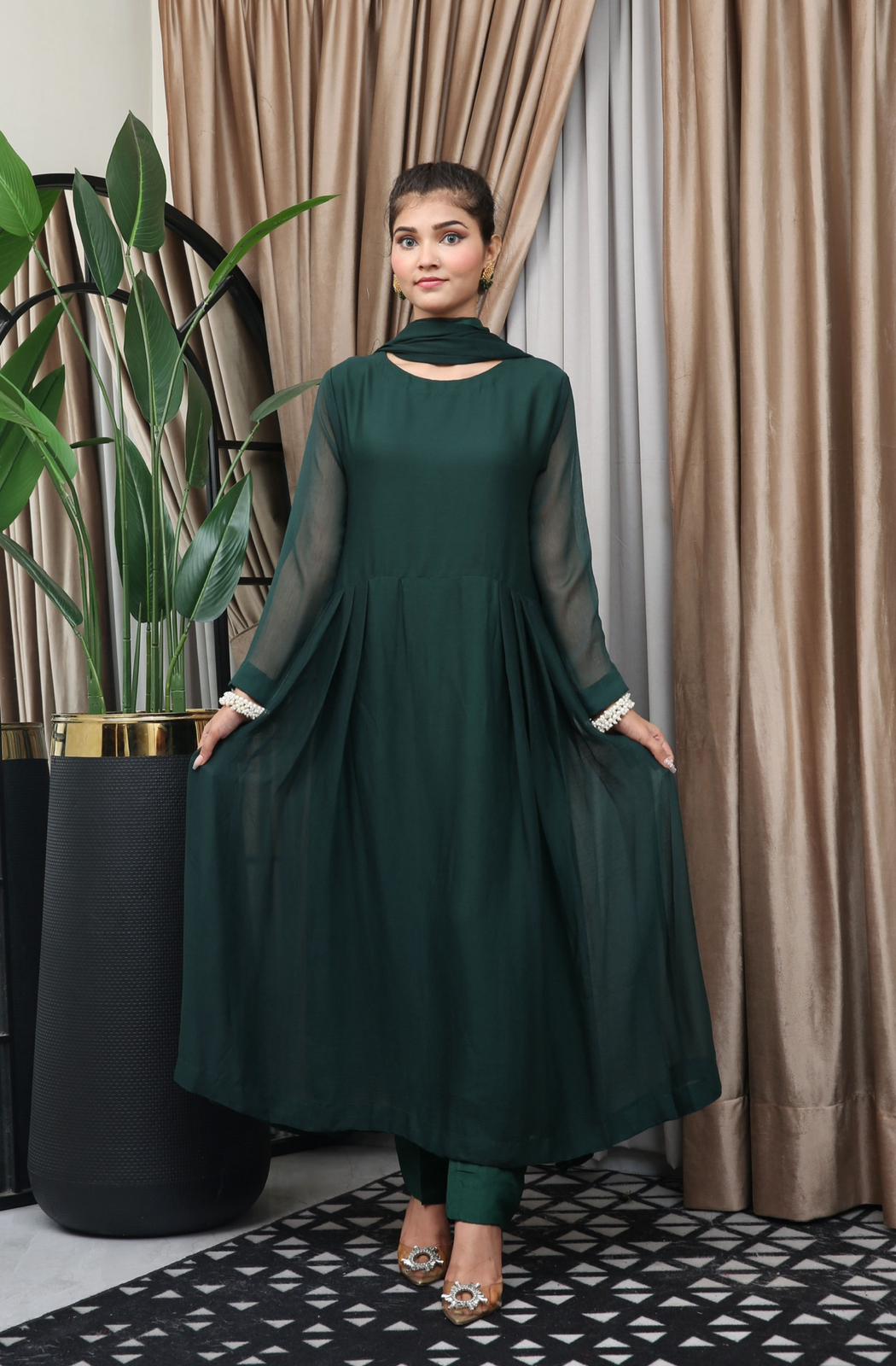 Green Readymade 3 Piece Plain Chiffon Maxi TS-821