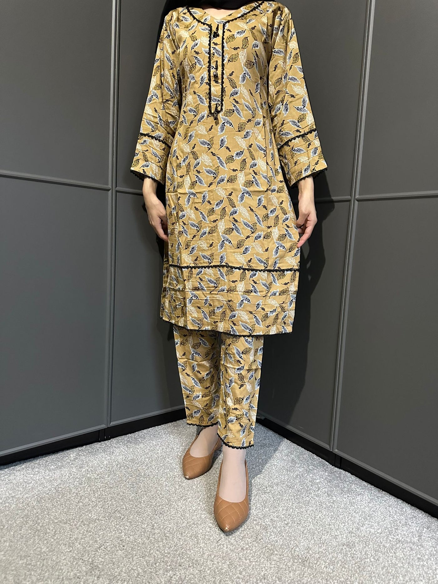 Floral Printed Stone Linen Suit - Trouser 2 Pc Set