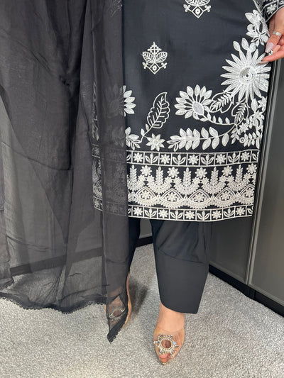 Black- FARSHI SHALWAR|Embroidered Linen 3 Piece |Outfit for Women - Asian Clothing