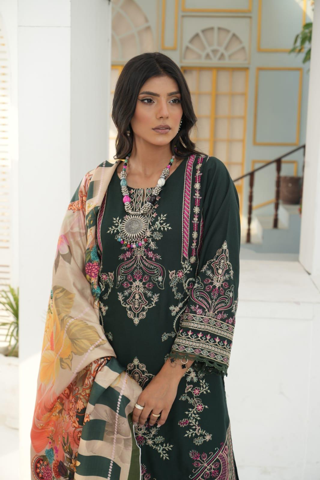 Green-3 PIECE EMBROIDERED DHANAK READY TO WEAR SUIT