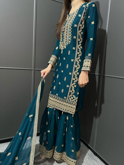 TEAL- Embroidered Gharara Chiffon Mother & Daughter Ready to Wear Collection - Perfect for Family