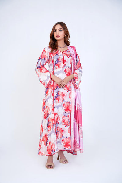 3 Pc Floral Printed Winter Linen Frock With Linen Dupatta D-306