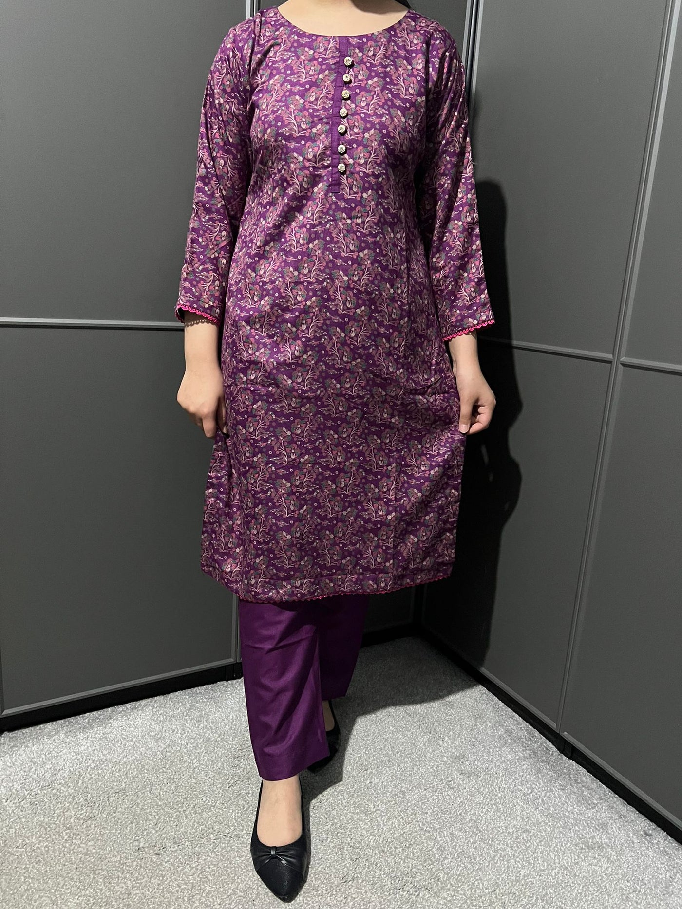 D-66 PURPLE Printed 2 Piece Winter Dhanak Suit