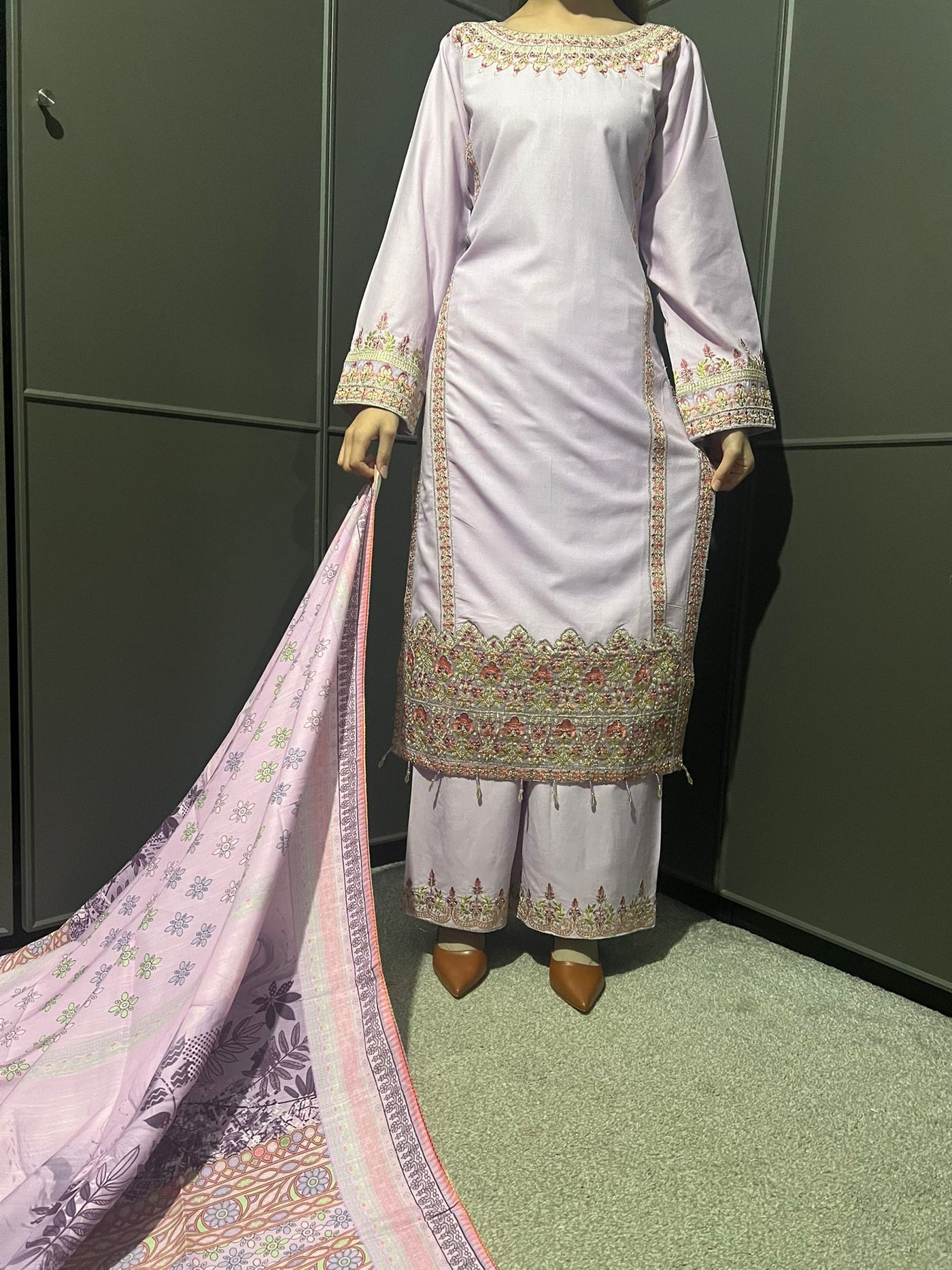 3 Pc Embroidered Dhanak Readymade Plazzo Suit with Winter shawl