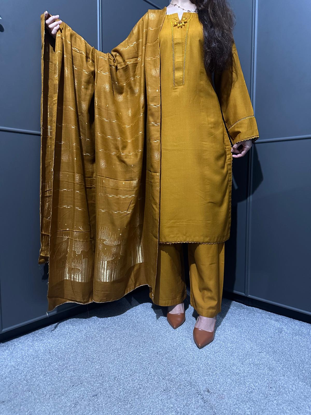MUSTARD 3 PIECE PLAIN | DHANAK READY TO WEAR | SUIT WITH SHAWAL
