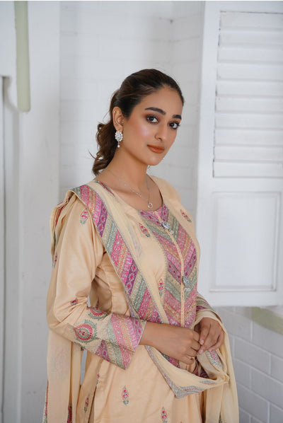 Premium Lawn 3 Piece Outfit With Embroidered Chiffon Dupatta Beige D-4086