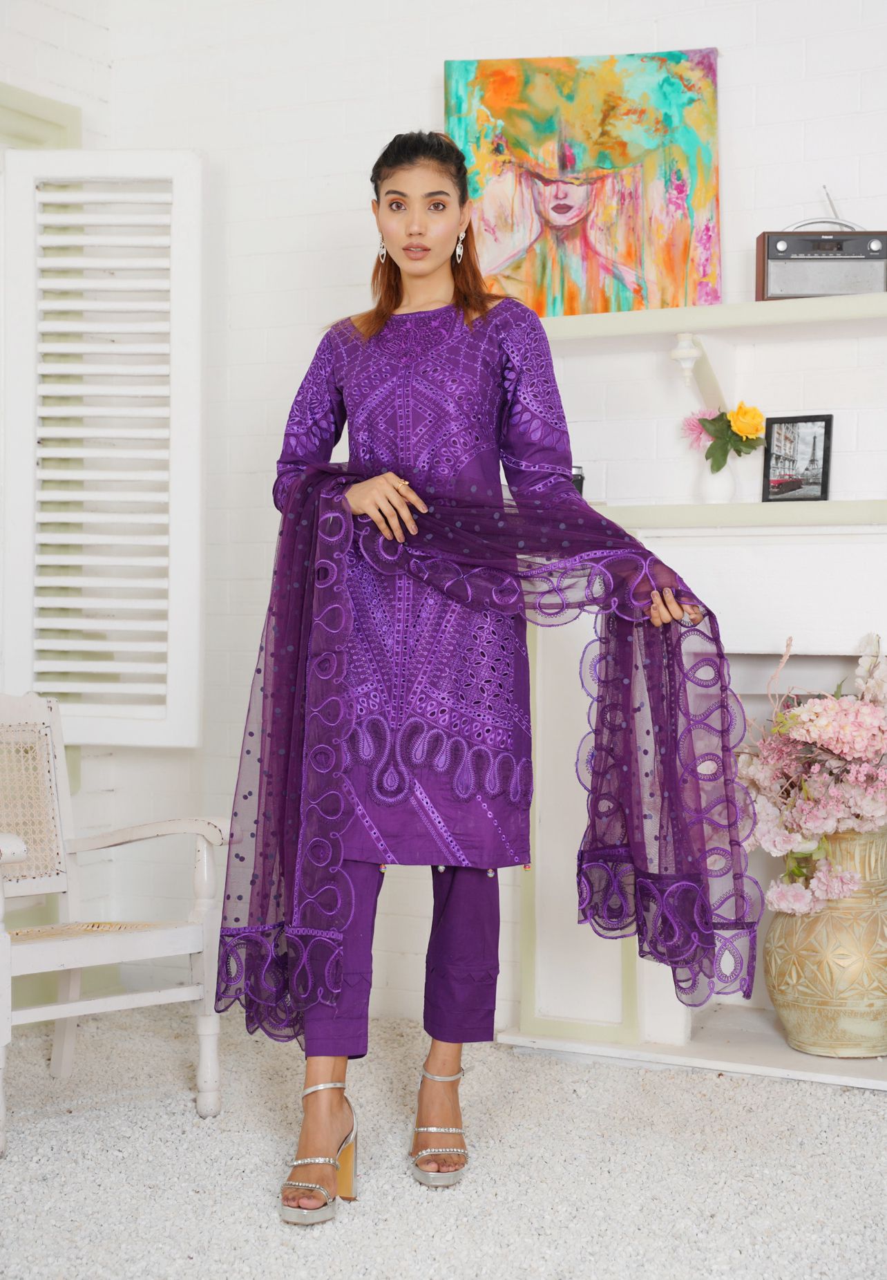 Premium Lawn 3 Piece Outfit With Printed Embroidered Net Dupatta Purple D-2b