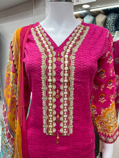 3Pc Lawn Designer Embroidered With Chiffon Dupatta D-774