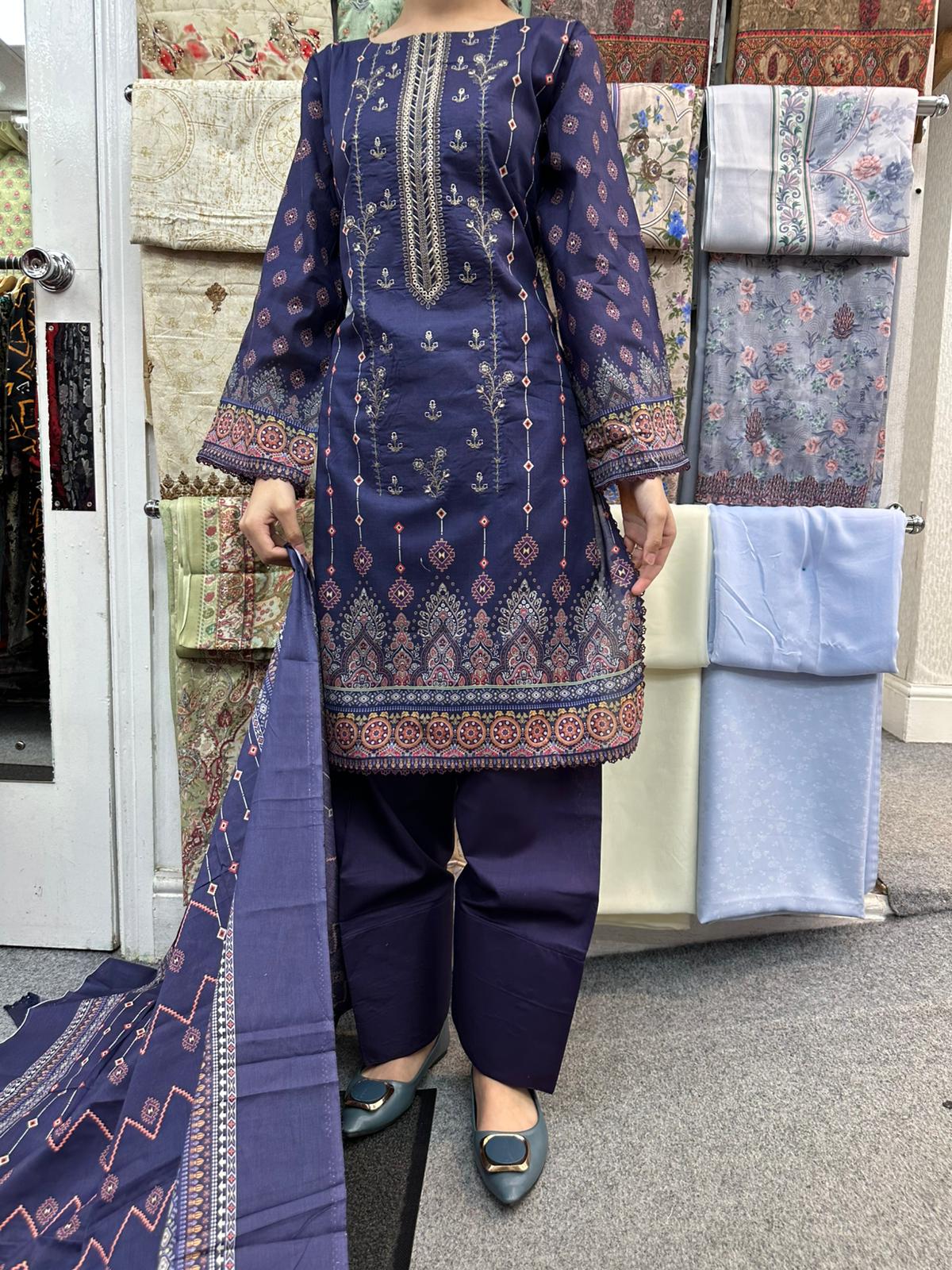 DESIGNER EMBROIDERED  FARSHI SALWAR  3PC READYMADE SUIT  WITH LAWN DUPTTA