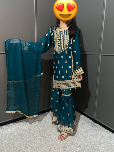 TEAL- Embroidered Gharara Chiffon Mother & Daughter Ready to Wear Collection - Perfect for Family