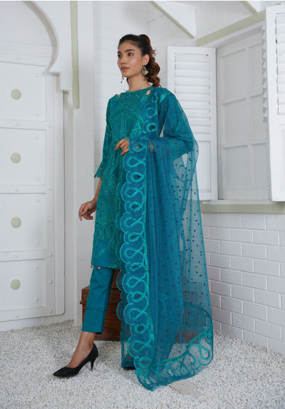 Premium Lawn 3 Piece Outfit With Printed Embroidered Net Dupatta Teal D-2A