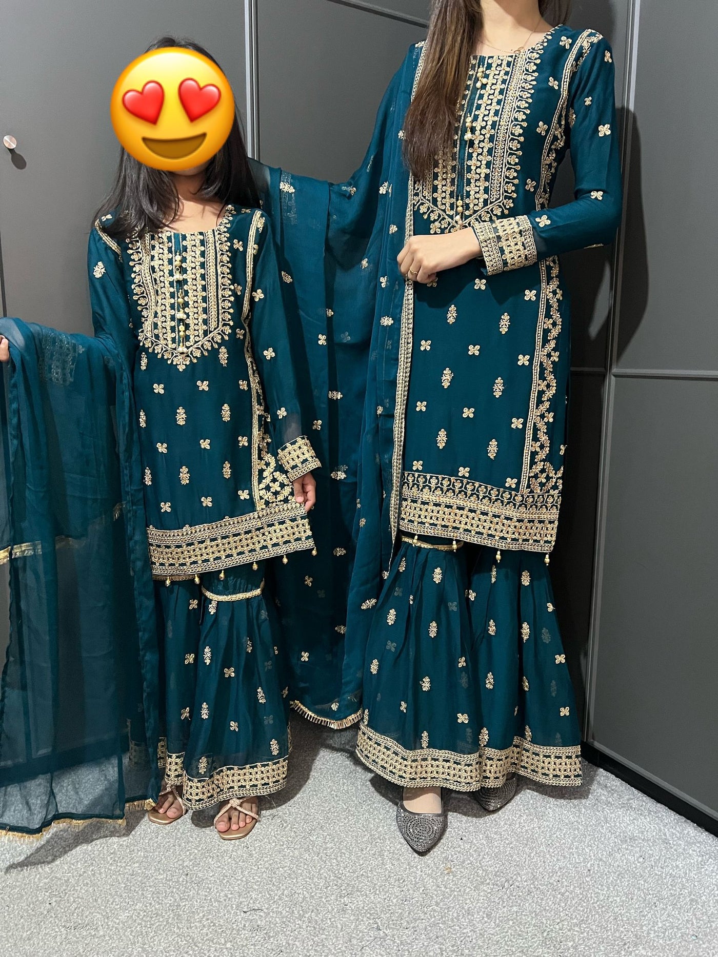 TEAL- Embroidered Gharara Chiffon Mother & Daughter Ready to Wear Collection - Perfect for Family