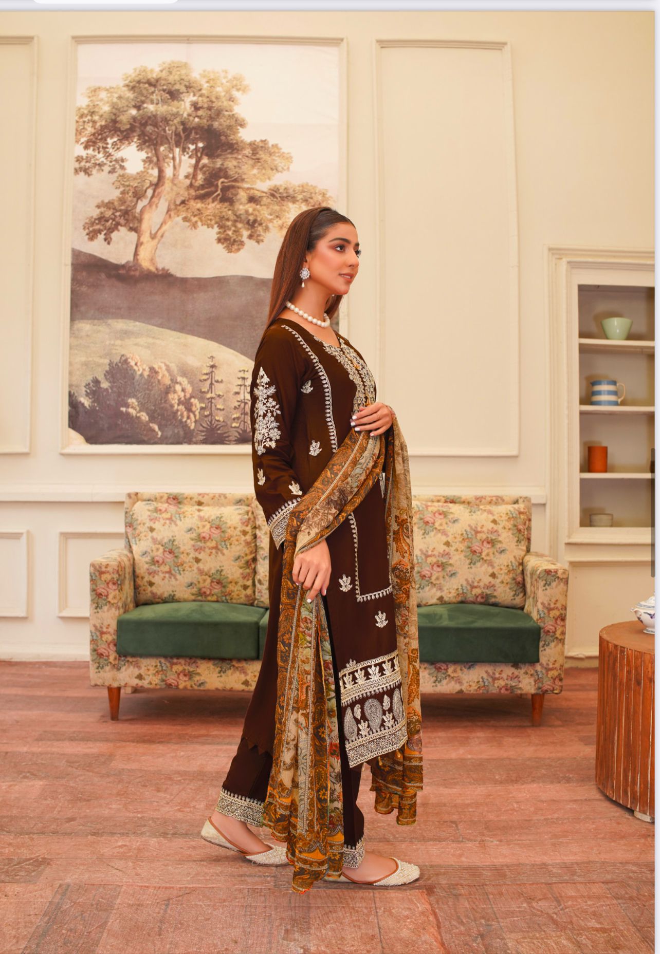 D-3 Embroidered Stone Linen Suit with Chiffon Dupatta - 3 Piece Set