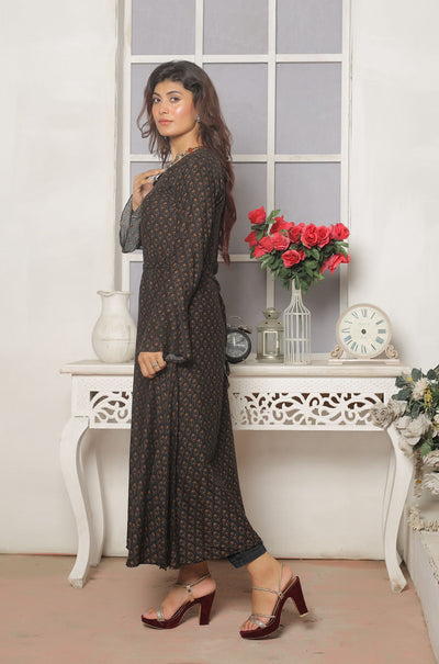 1 Pc Printed  Linen Maxi Dress D-1407