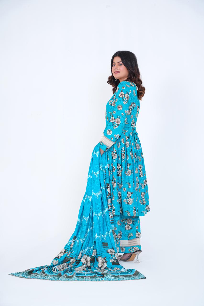 3 Pc Floral Printed Winter Linen Frock With Linen Dupatta D-208