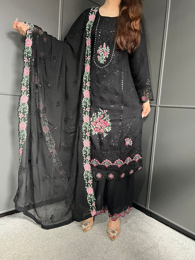 3Pc Plazzo Embroidered Chiffon Collection With Embroidered Chiffon Dupatta