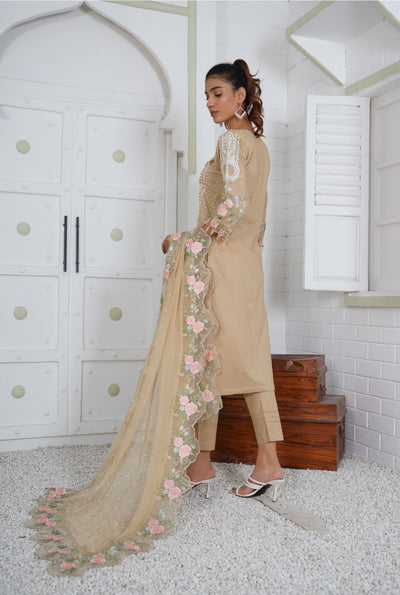 Premium Lawn 3 Piece Outfit With Embroidered Chiffon Dupatta Beige D-10A