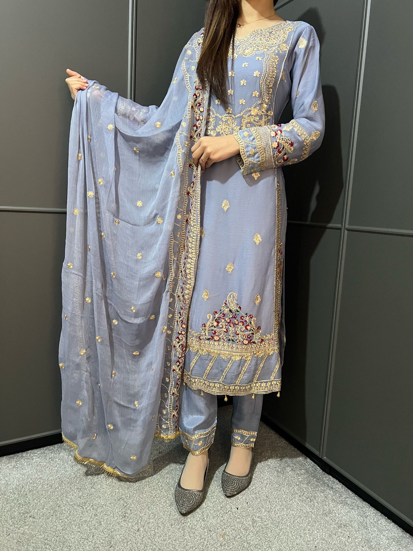 Gray Embroidered Chiffon Mother & Daughter Ready to Wear Collection - Perfect for Family Outfits