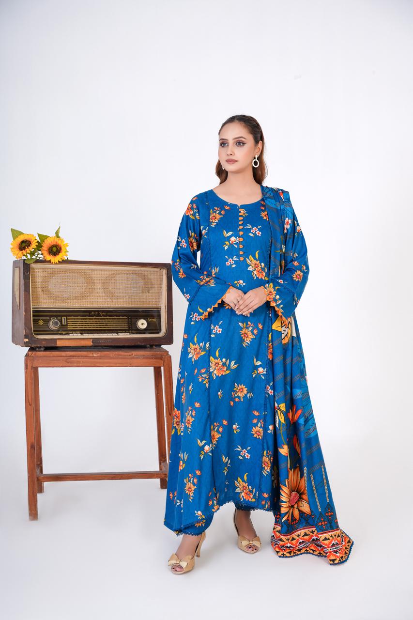 3 Pc Floral Printed Winter Linen Frock With Linen Dupatta D-307