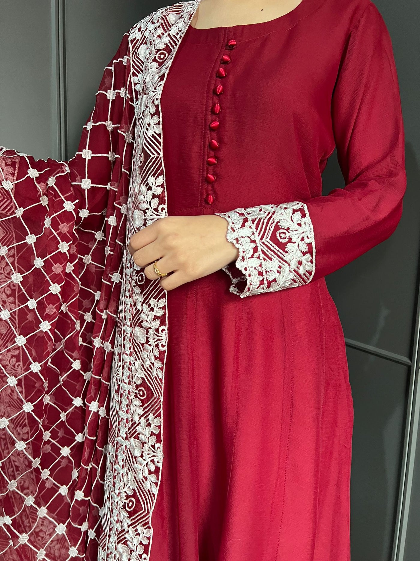 MAROON Ready to wear 3 piece Embroidered maxi dress
