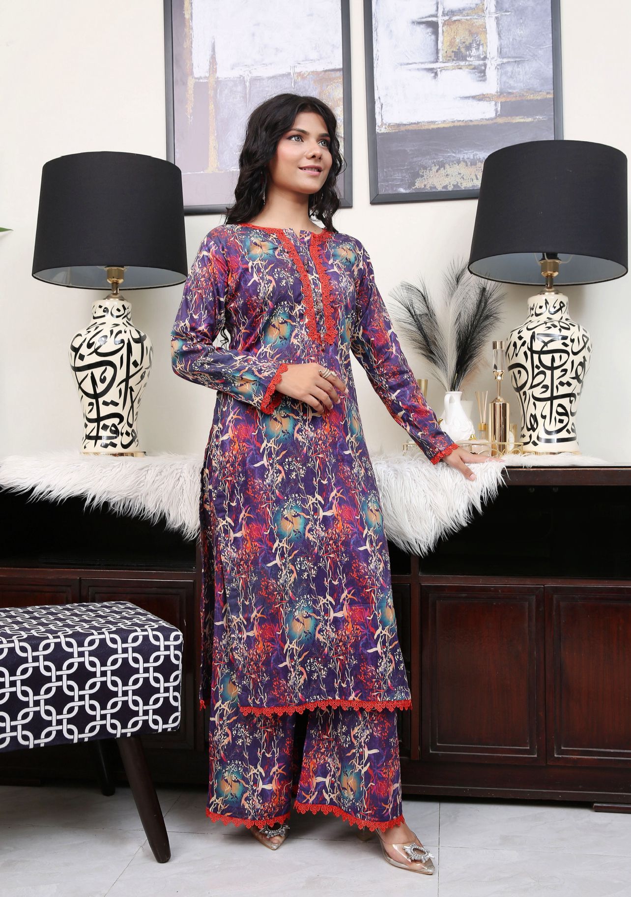 Floral Printed Premium Lawn Plazzo Suit Co-Ords Set IJ-49