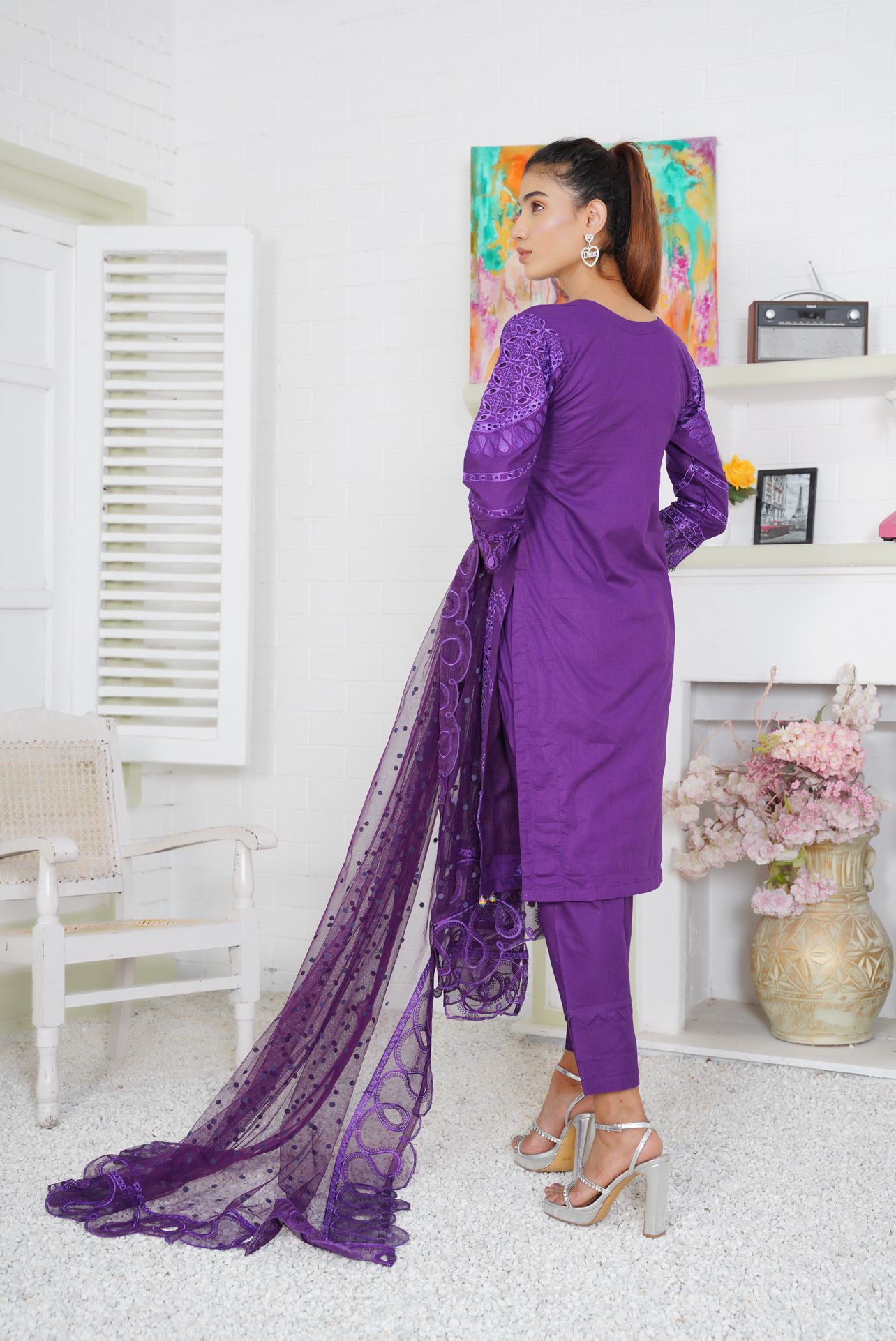 Premium Lawn 3 Piece Outfit With Printed Embroidered Net Dupatta Purple D-2b