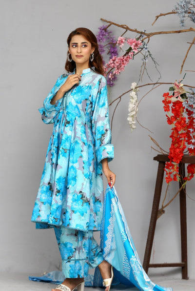 3 Pc Floral Printed Winter Linen Frock With Linen Dupatta D-202