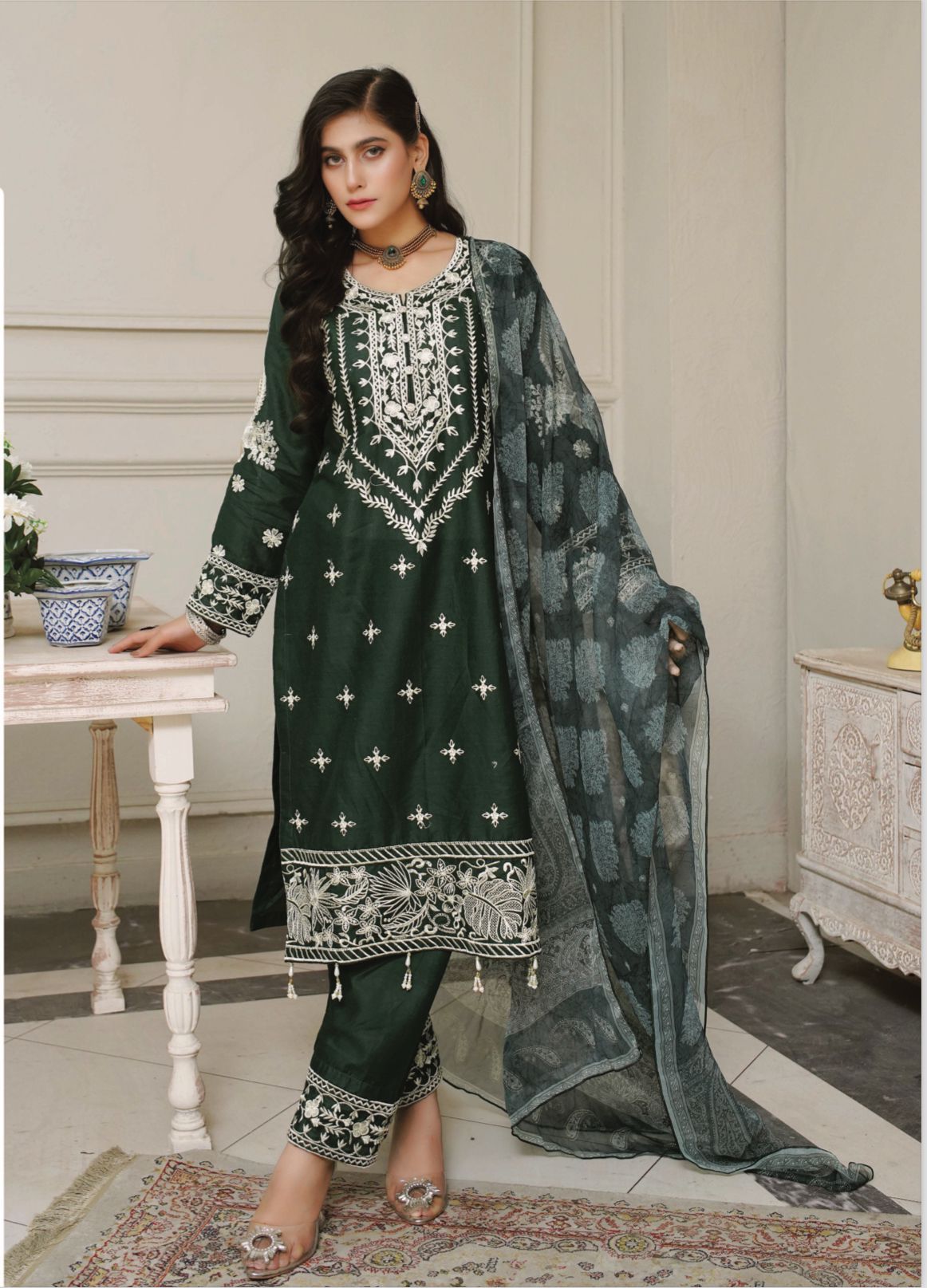 3 Piece Embroidered Lawn With Bamber Chiffon Dupatta D-02