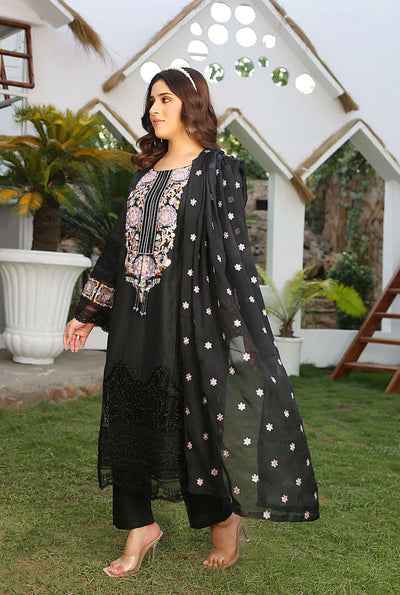 3 Pc Stitched Lawn Cotton Suit Embroidered Chiffon Dupatta black D-1