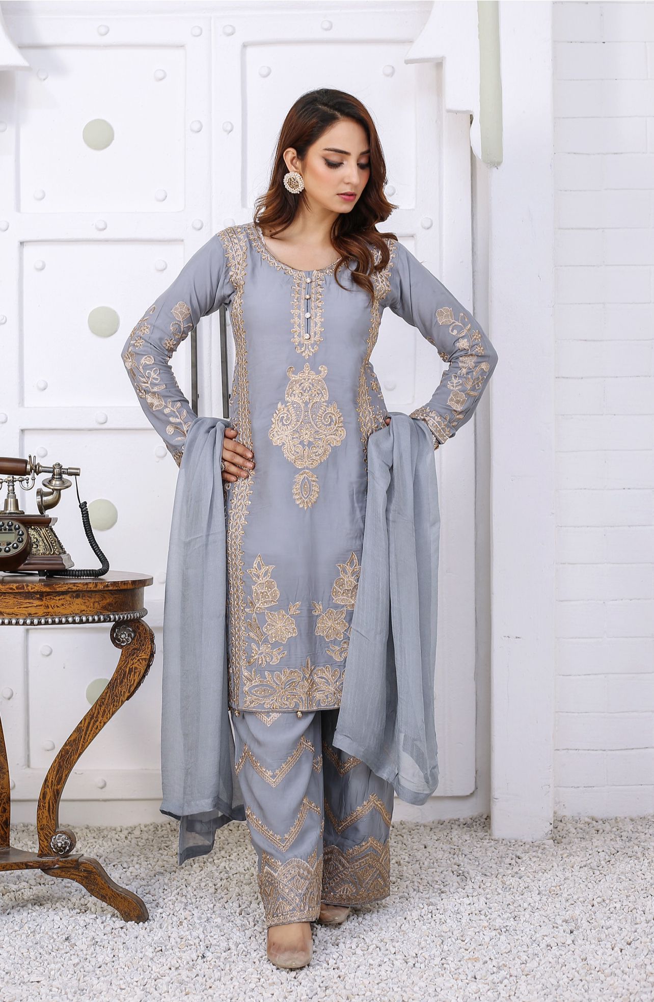 Embroidered Readymade Linen Mother & Daughter Suit Grey  TS-211 | Shop Pakistani Dresses