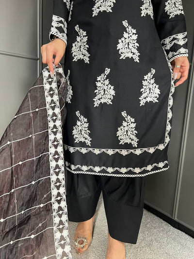 Black- FARSHI SHALWAR|Embroidered Linen 3 Piece |Outfit for Women - Asian Clothing