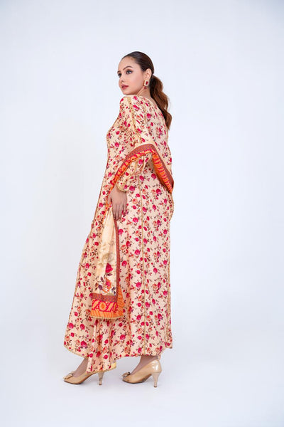 3 Pc Floral Printed Winter Linen Frock With Linen Dupatta D-309