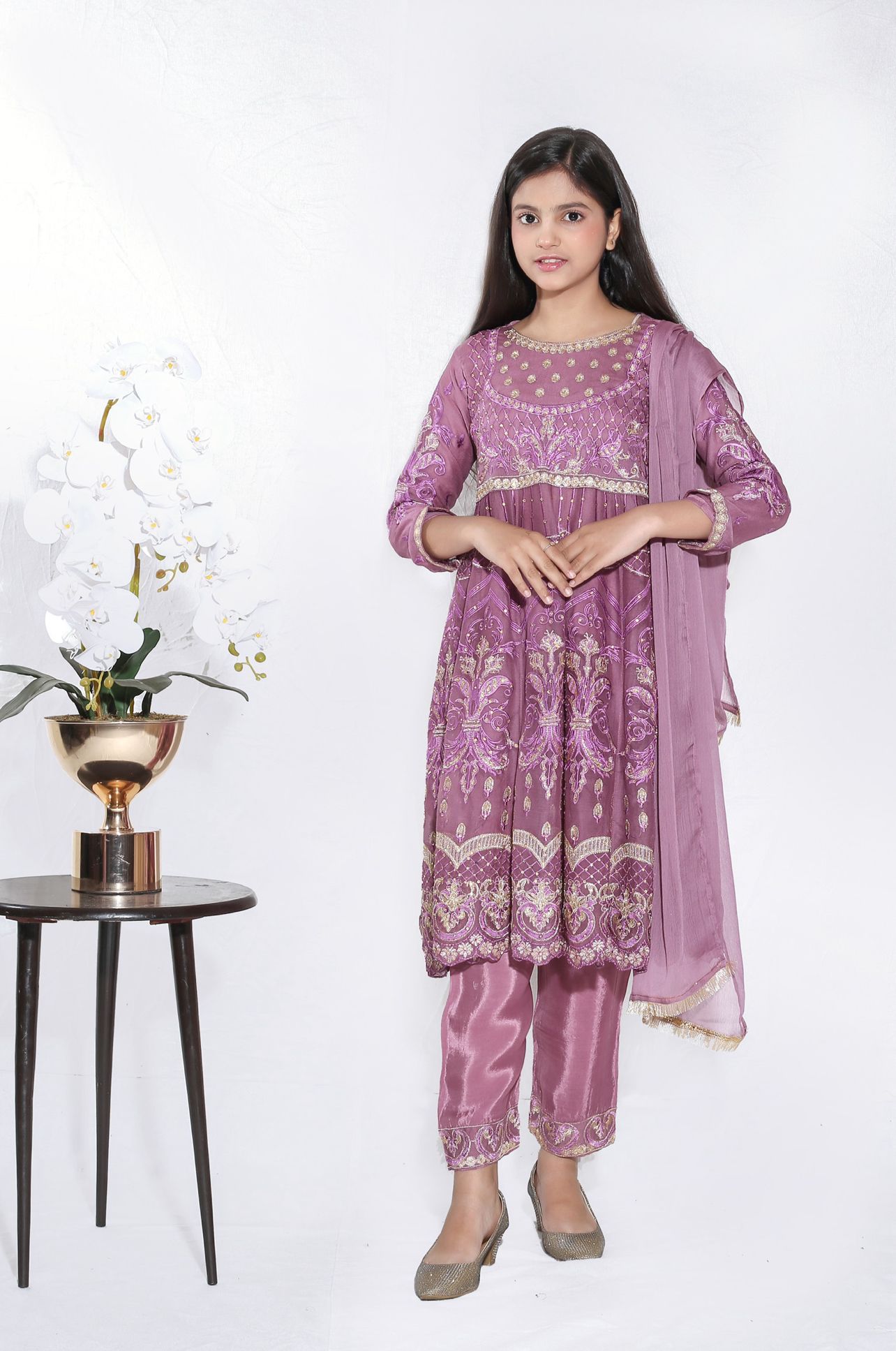 Mother & Daughter Ready to Wear Chiffon Maxi Dress DUSTY PINK D-216| Shop Pakistani Dresses
