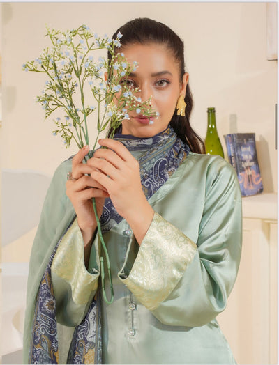 FARSHI SHALWAR Plain Silk 3 Piece Outfit With Printed Chiffon | Desing Number Two | Buy Latest Pakistani Suits Online | Image 5 of 5