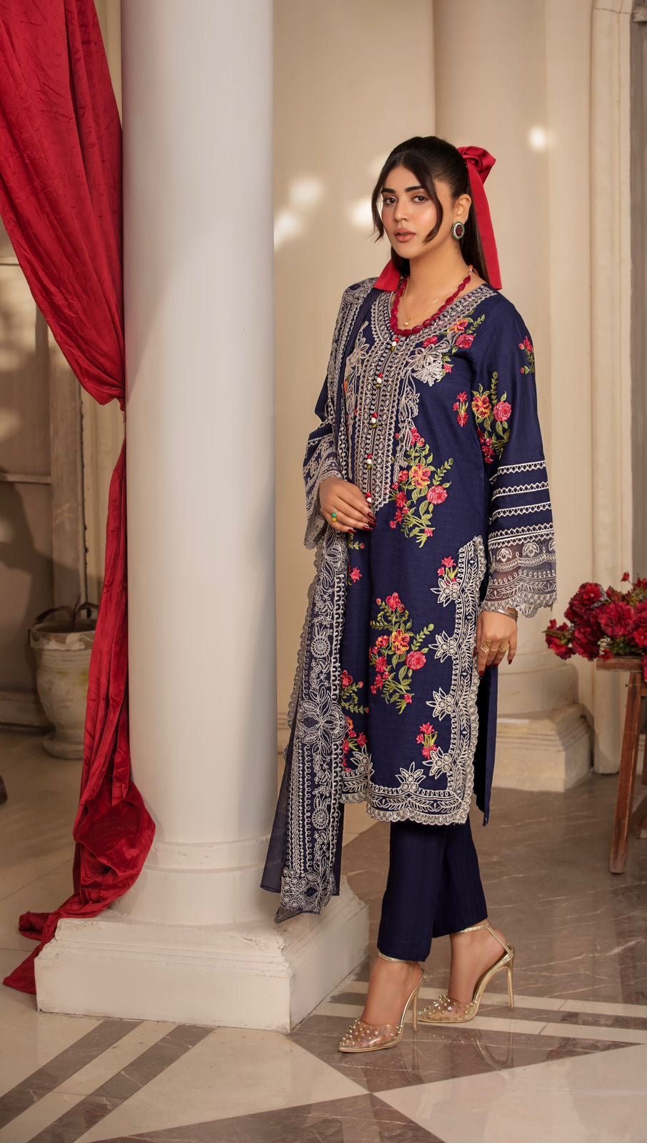 3 Pc Designer Lawn Cotton Suit With Cotton Net Dupatta Blue D-4015