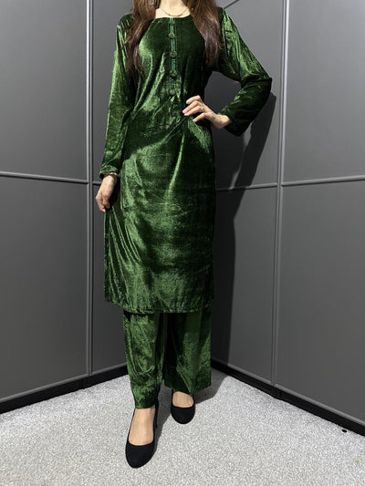 GREEN-Stretchy Velvet  Ready To Wear 2pc Suit