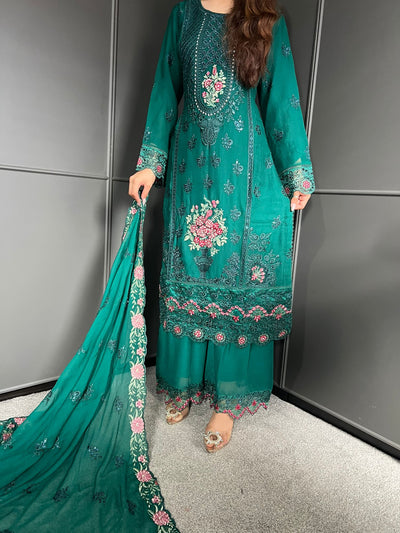 3Pc Plazzo Embroidered Chiffon Collection With Embroidered Chiffon Dupatta