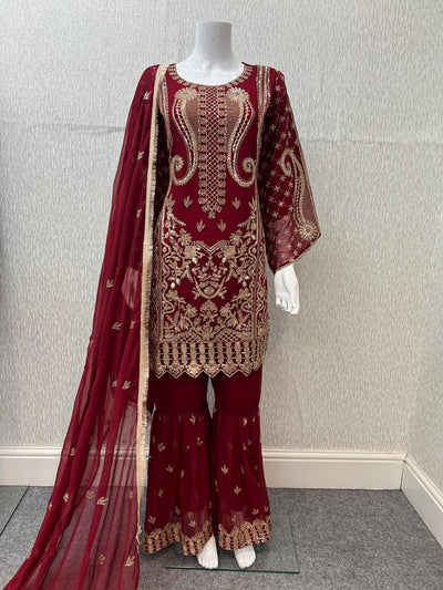 Luxury Festive Chiffon Gharara  Collection Maroon S-10