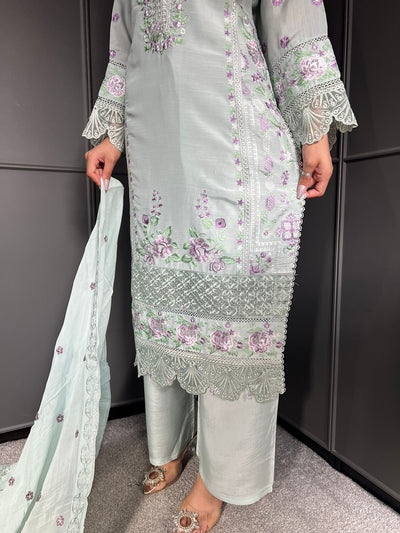 Mint  - Viscose Embroidered Plazzo | Suit With Embroidered | Chiffon Dupatta
