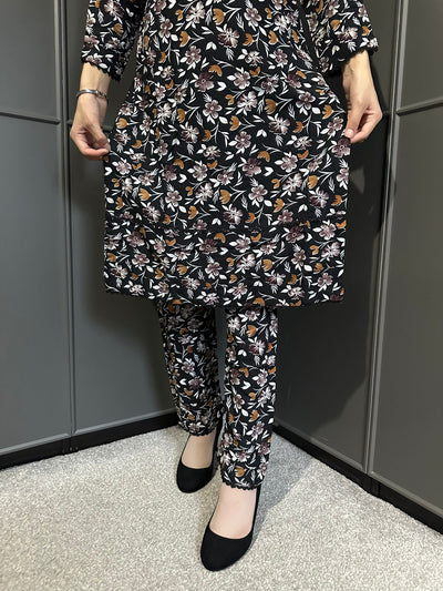 Floral Printed Stone Linen Suit - Trouser 2 Pc Set