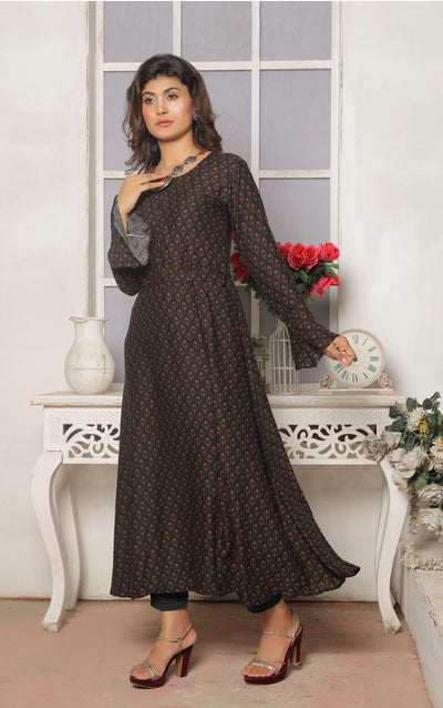 1 Pc Printed  Linen Maxi Dress D-1407