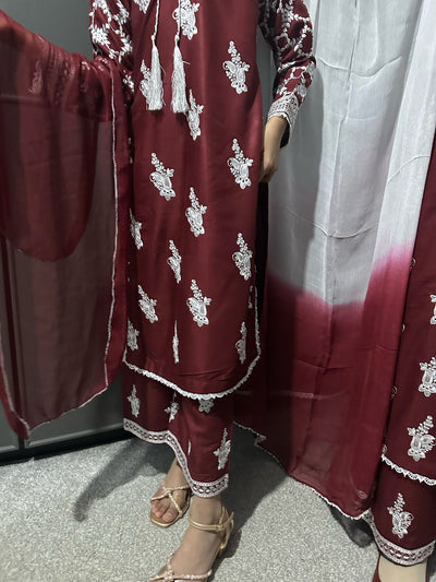 Maroon-Mother & Daughter Embroidered Linen Plazo Collection