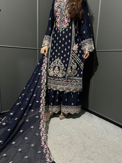 Blue 3Pc Plazzo Embroidered Chiffon Collection With Embroidered Chiffon Dupatta