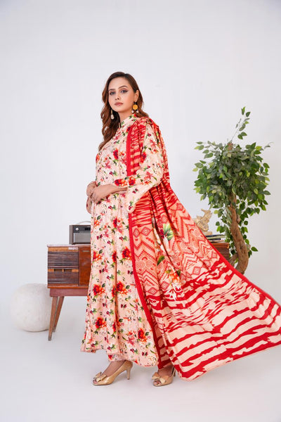 3 Pc Floral Printed Winter Linen Frock With Linen Dupatta D-603